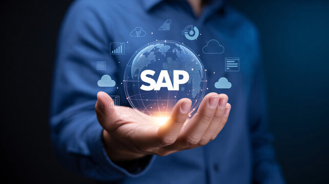 Businessman presenting SAP solutions with global technology icons