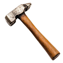 An old, rusty hammer with a wooden handle on a white background.