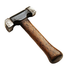An old, worn-out hammer with a wooden handle on a white background.