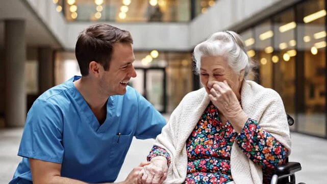 Caring Support: A compassionate caregiver lends a supportive hand and comforting smile to a senior woman in a well-lit corridor, embodying care and empathy.