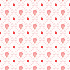 Seamless pattern, hand-painted design of bows, strawberries, and hearts arranged neatly, in a pink color palette.