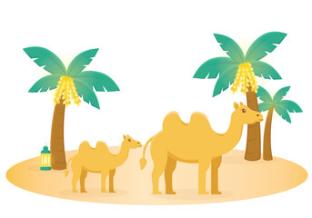 Middle east vector cartoon illustration. Dates palm, camel, mosque, desert vector illustration
