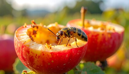 Close-up of a bee feeding on a ripe red apple, macro photography.