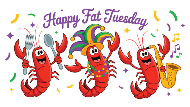 happy fat tuesday mardi gras cartoon illustration with dancing crawfish characters music party celebration festival design