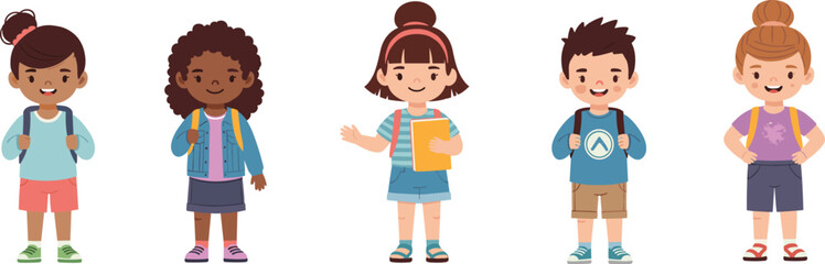 Cute Diverse Group of School Children Characters with Backpacks and Books for Education, Elementary Learning, Back to School Marketing, and Childhood Development Designs
