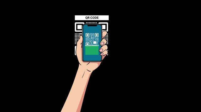 Animated smartphone scanning QR code in flat design on black background showing secure payment, authentication and contactless technology.