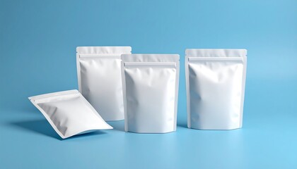Blank White Stand Up Pouches Packaging Mockup on Blue Background.