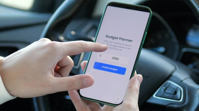 Seamless interaction with a Budget Planner application. User inputs salary to calculate savings strategy. Great for promo videos about digital banking, app development, and smart economic solutions