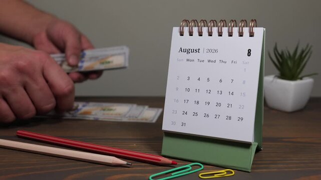 August 2026 Calendar  Beside Hands Counting Money On Table