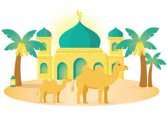 Middle east vector cartoon illustration. Dates palm, camel, mosque, desert vector illustration