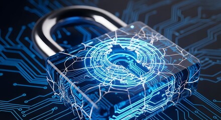 3D render of a futuristic, glowing blue padlock on a circuit board, symbolizing robust cybersecurity, data encryption, and network protection. 