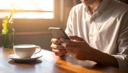 Man Using Smartphone with Coffee Cup in Cafe.