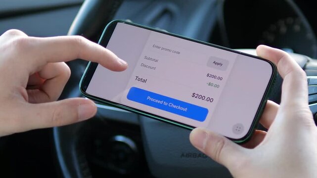 Realistic user interaction with a shopping app interface. High-quality footage of selecting items, subtotal calculation, and successful payment confirmation on a smartphone screen. Ideal for digital