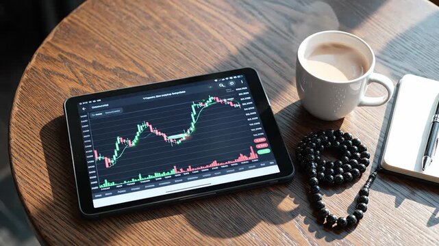 Tablet displaying stock market chart with coffee and prayer beads on wooden table