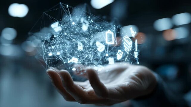 Digital network technology data connection innovation communication hand futuristic glowing abstract concept of digital data, virtual interface, modern internet information visualization