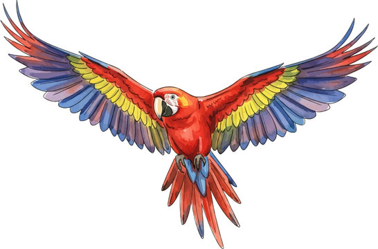 Vibrant watercolor illustration of a scarlet macaw in flight with wings spread, showcasing colorful feathers