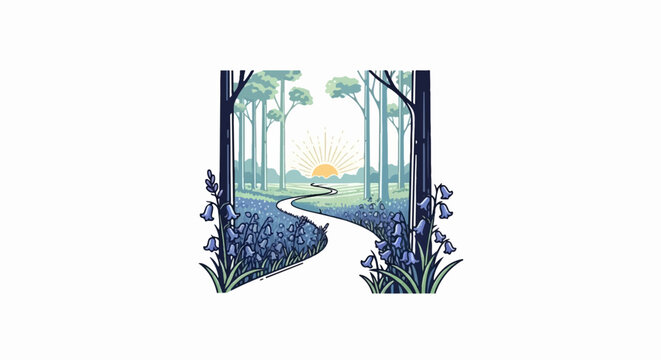 Pixel art of a winding path through a bluebell forest with tall trees and a rising sun