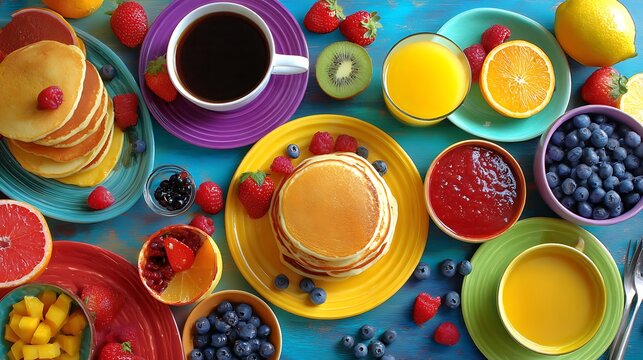A colorful breakfast table with pancakes, fruits, coffee, and juice 