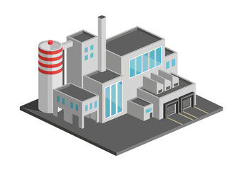 Modern industrial factory complex with storage silos and loading docks, isometric view