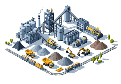 Isometric industrial factory and construction site with heavy machinery and materials