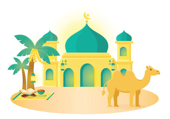 Middle east vector cartoon illustration. Dates palm, camel, mosque, desert vector illustration