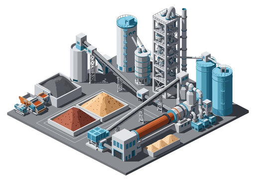 Industrial cement plant with raw materials, kilns, and storage silos in a detailed isometric illustration