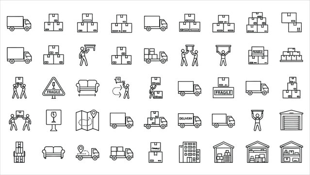  Moving Service icons set. Includes moving truck, boxes, dolly, delivery van, house , checklist, calendar, truck driver, and storage unit. Editable stroke, line icons. Perfect for infographics