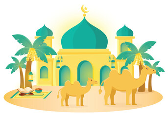 Middle east vector cartoon illustration. Dates palm, camel, mosque, desert vector illustration