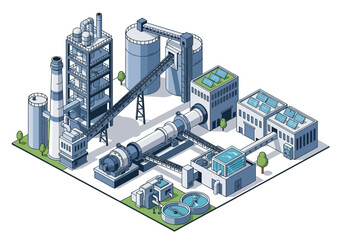 Industrial complex with cement kiln, silos, and solar panels, illustrating manufacturing processes