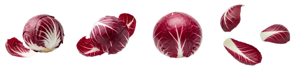 Fototapeta premium Radicchio set PNG. Red chicory collection isolated. Organic vegetables top view flat lay PNG. Fresh raw salad variety concept isolated. Heads and leaves group PNG
