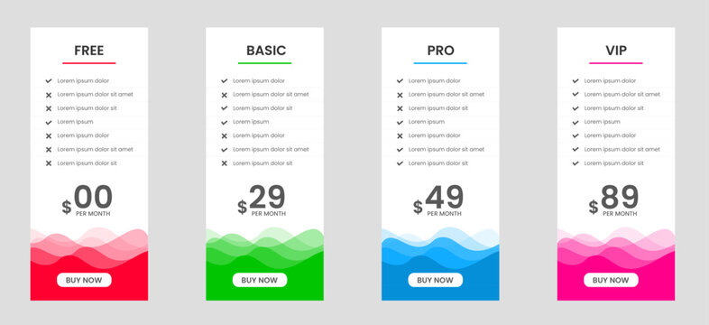Professional four Tier Subscription website Price table template. business plan price list. product package price. Subscription Package Pricing Comparison. Minimalistic pricing list layout design.