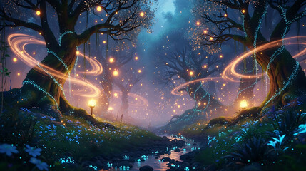 Obraz premium Magical Enchanted Forest at Night with Glowing Lights, Fairy Dust, and Stream