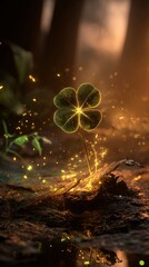 Magical Four-Leaf Clover Illuminating the Forest Floor