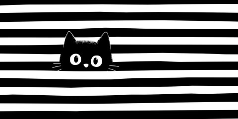 Cute Black Cat Peeking from Black and White Stripes