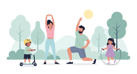 Family exercising outdoors together in a park. © Luminaryshine