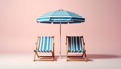 Two striped deck chairs and a beach umbrella on a pink background.