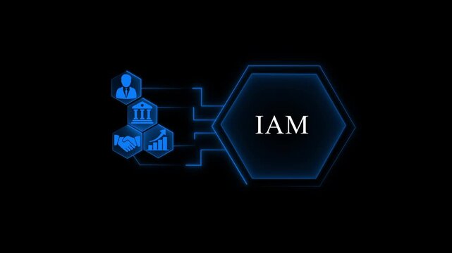 Identity and Access Management System I A M Concept with User Authentication and Data Security in Blue Neon on Black Background for Business Finance and Technology Presentations