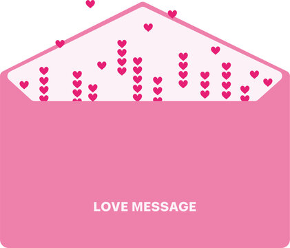 Pink envelope mail message with red hearts. Valentine, romantic, love themes. Vector illustration on transparent background.