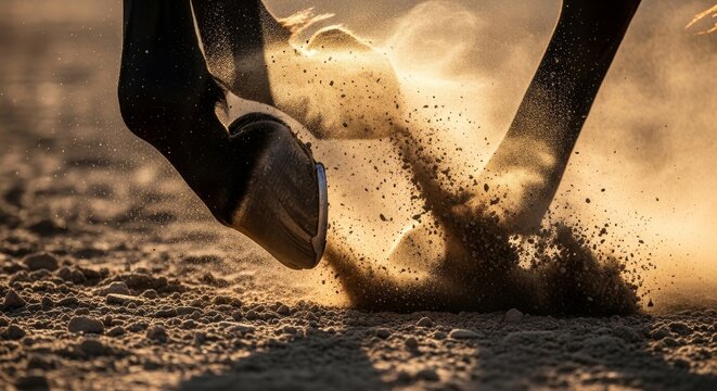 Close-up of horse hooves running on sand with dust flying, dynamic motion detail.