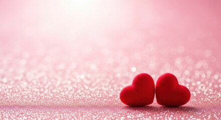 Obraz premium Two red hearts on pink glitter background