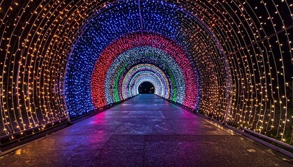 Illuminated Tunnel of Lights with Rainbow Colors.