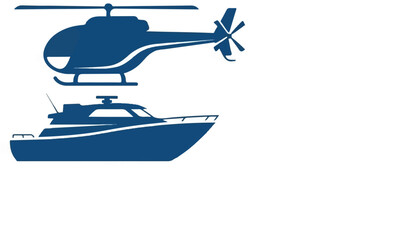 A blue silhouette of a helicopter hovers above a blue silhouette of a motorboat against a white background