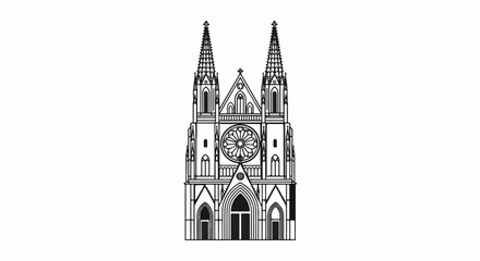 Fototapeta premium Detailed linework sketch of a grand cathedral facade with two spires and a rose window