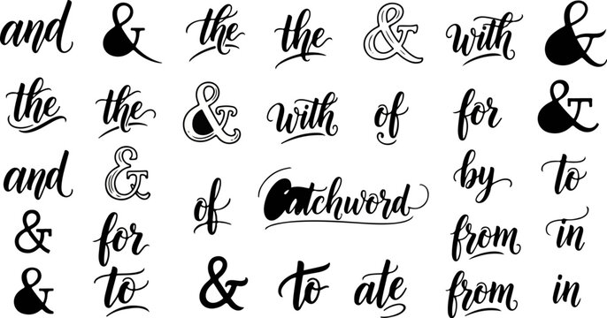 Handwritten script typography collection featuring words and ampersands