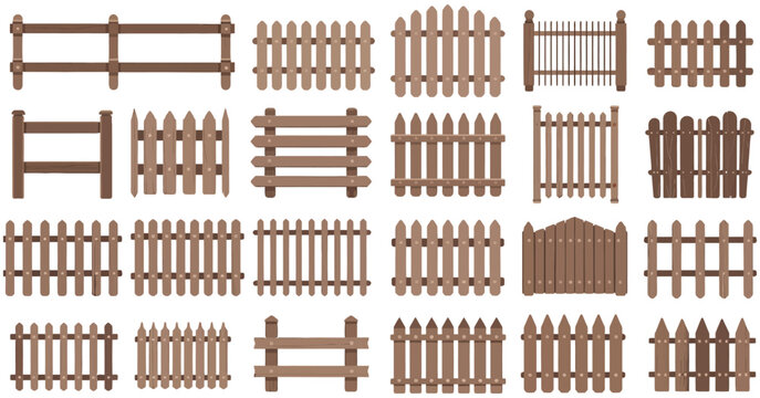 Wooden fences and gates in various styles, suitable for ranches, gardens, and property design, vector artwork.