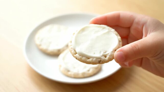 A child's hand picks up a cracker with white cream from a plate. Delicious snack on a white plate, perfect for a quick bite.