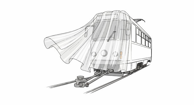 A vintage tram is draped in a flowing, sheer fabric, appearing to glide on tracks