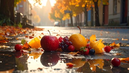 Autumn Harvest Fruits on Wet Pavement Reflecting Sunlight.