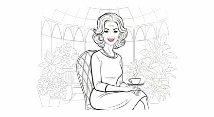 Elegant woman enjoys tea in a sunlit conservatory amidst lush plants