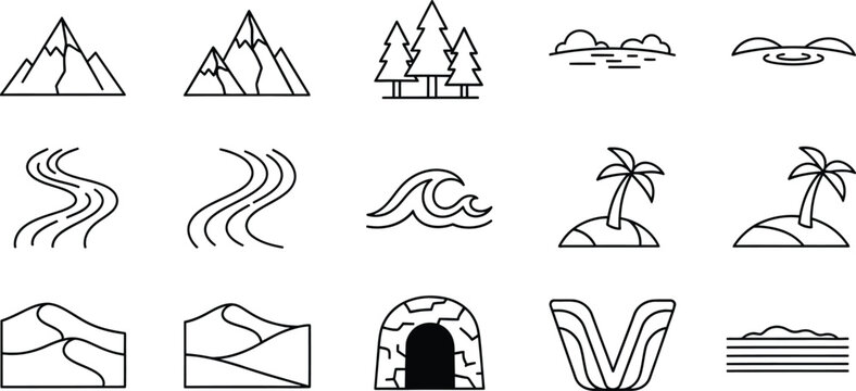 Minimalist line art icons depicting diverse natural landscapes and geographical features